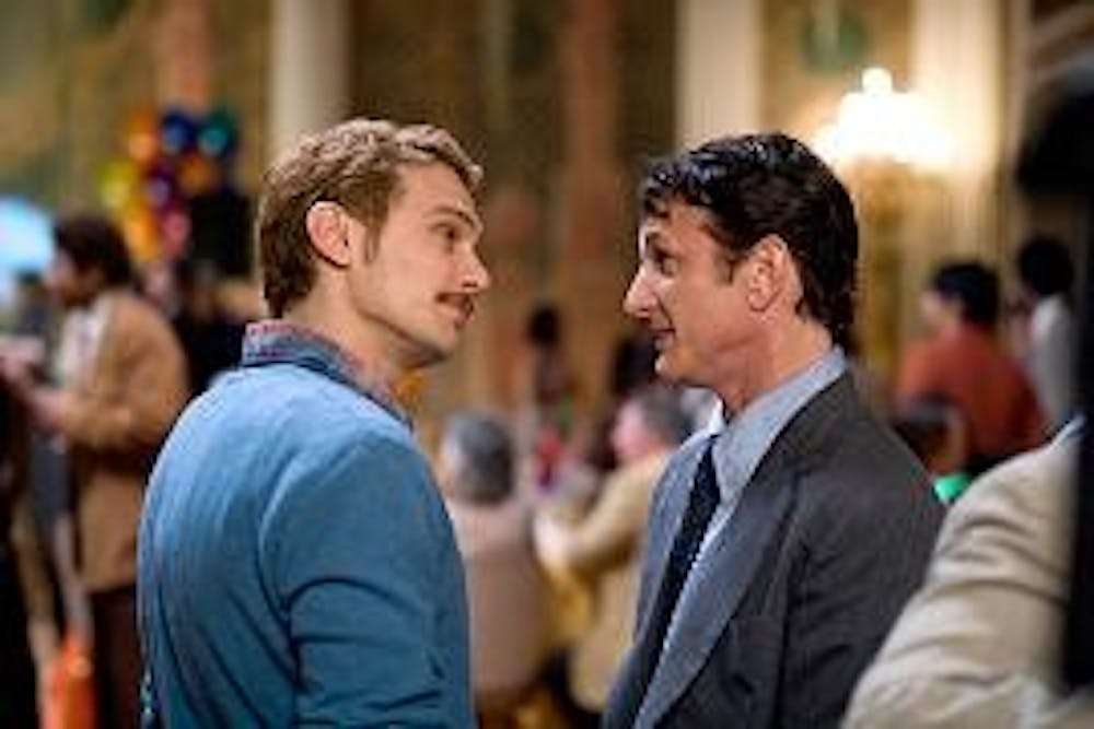 MILKING IT - James Franco (left) stars across from Sean Penn in the upcoming film "Milk." Franco plays the partner of Harvey Milk, a famous gay activist and first openly gay man to hold public office. Franco says he enjoys acting in dramas as much as the 