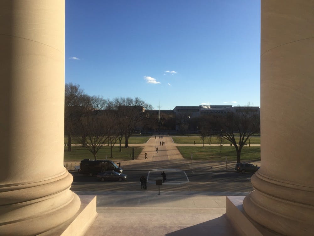 View of the National Air and Space Museum from the steps of the National Gallery of Art.