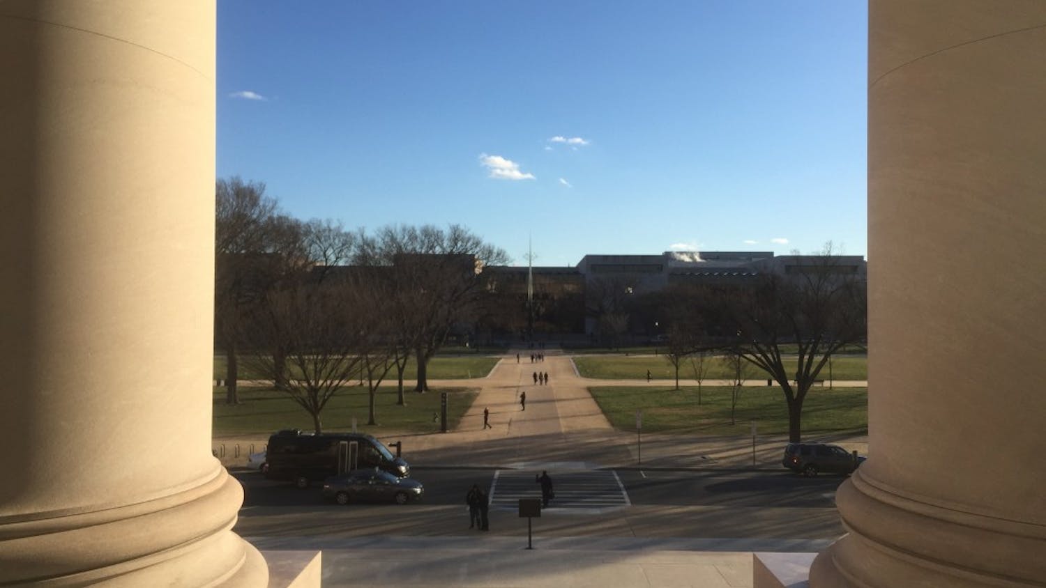 View of the National Air and Space Museum from the steps of the National Gallery of Art.