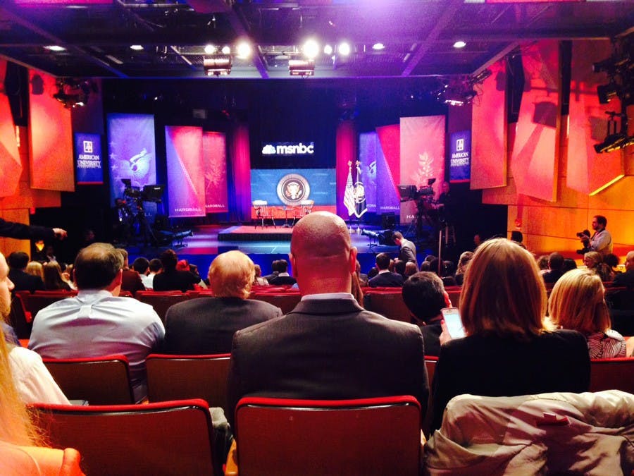 	MSNBC crew ready the stage in Greenberg Theatre for President Barack Obama’s interview with “Hardball” host Chris Matthews. 