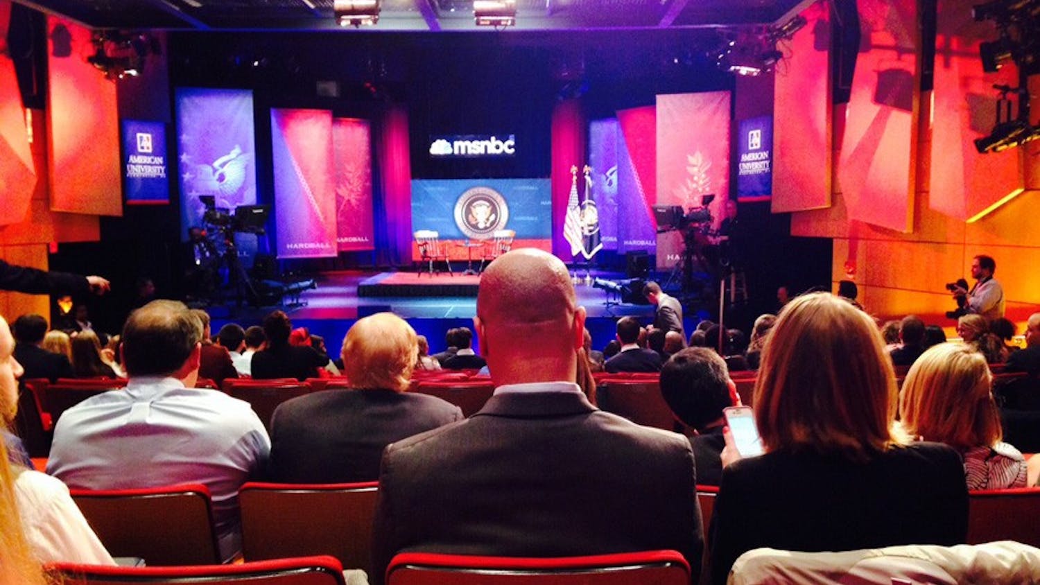 	MSNBC crew ready the stage in Greenberg Theatre for President Barack Obama&#8217;s interview with &#8220;Hardball&#8221; host Chris Matthews. 