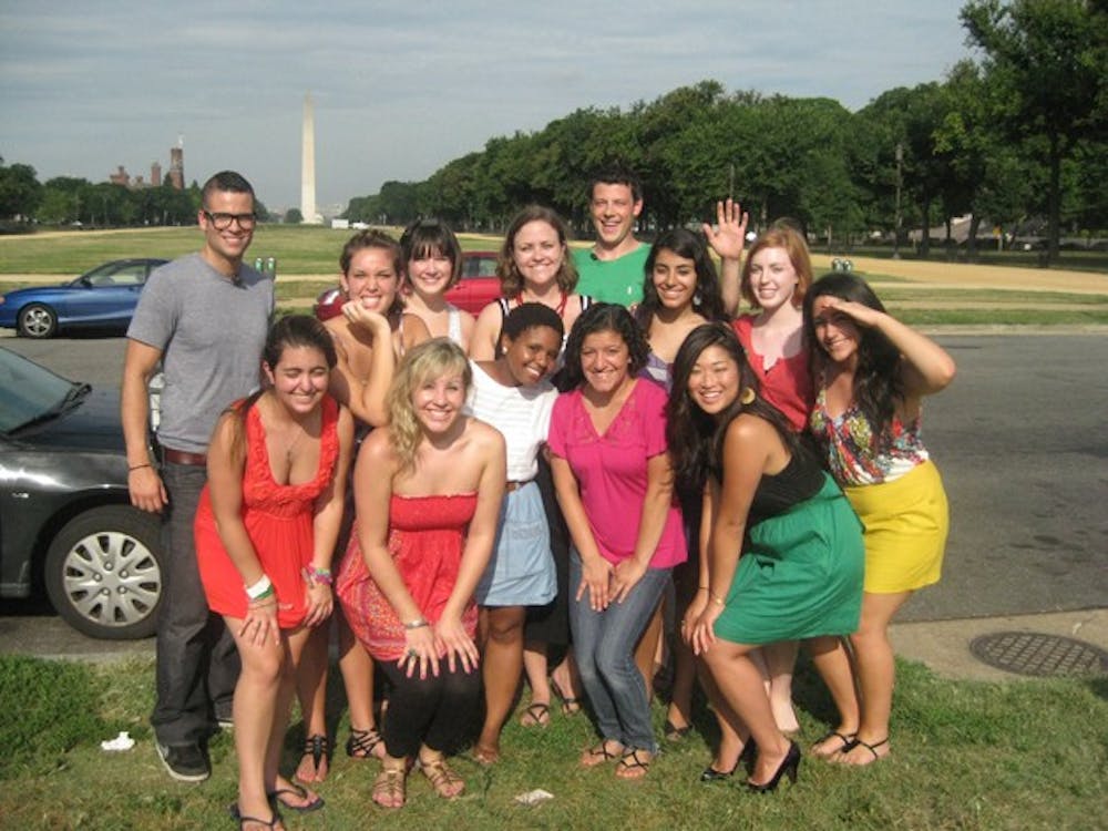 NOT JUST A HIGH SCHOOL MUSICAL -- The members of Treble in Paradise take a break to pose with \"Glee\" cast members Cory Monteith, Mark Salling and Jenna Ushkowitz. \"Glee\" begins its first season next month.