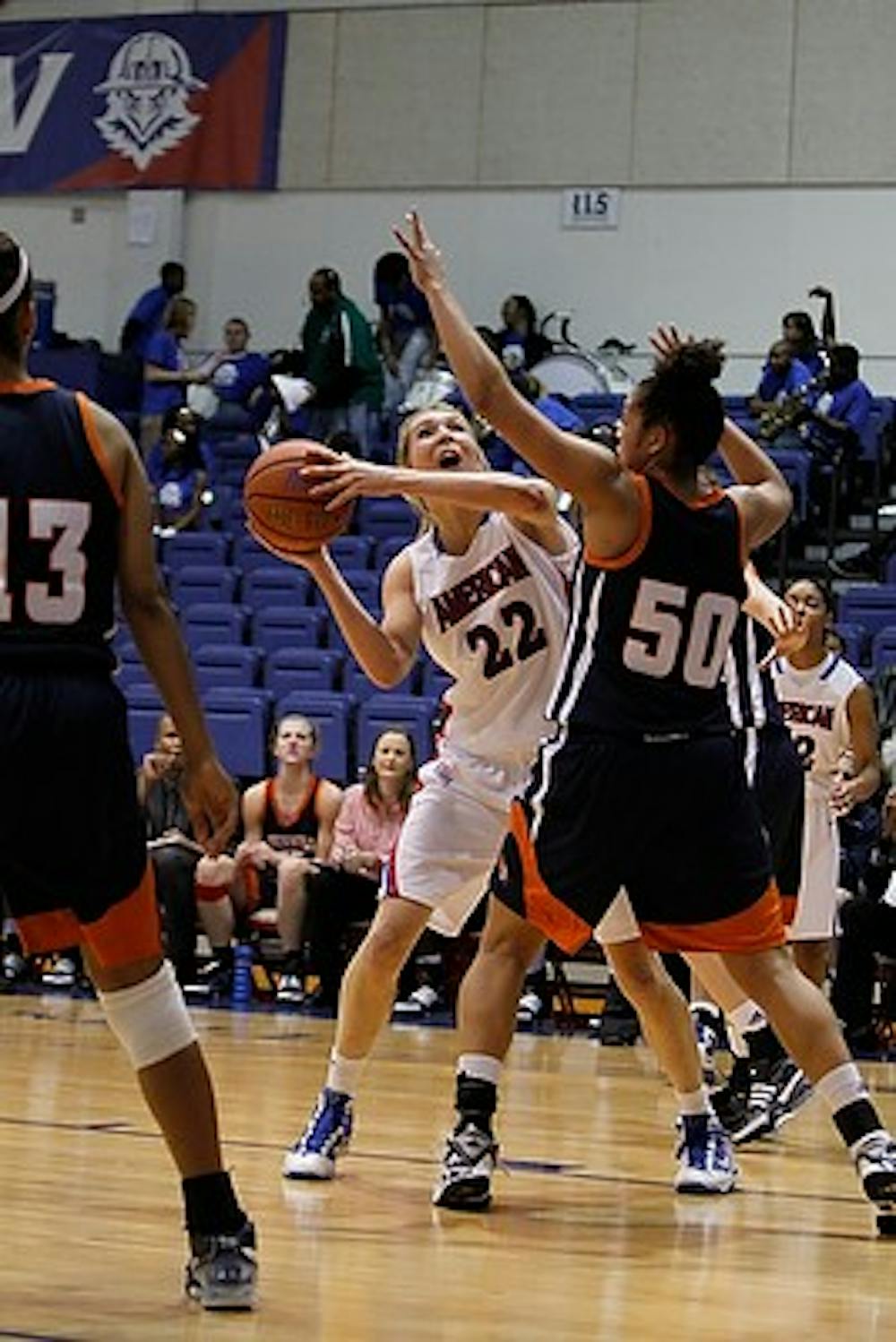 FIGHTING TO THE RIM â€” Liz Leer drives the lane in AUâ€™s 63-51 victory over the Bison. With the win AU improves to 2-0 in the conference.