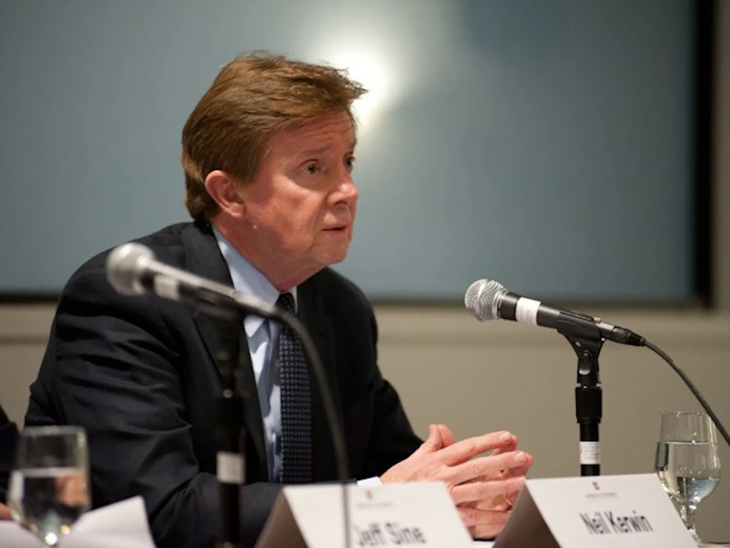 President Neil Kerwin takes students\' questions about the proposed tuition increase and smoking ban at a town hall in the Ward Circle Building Nov. 15.