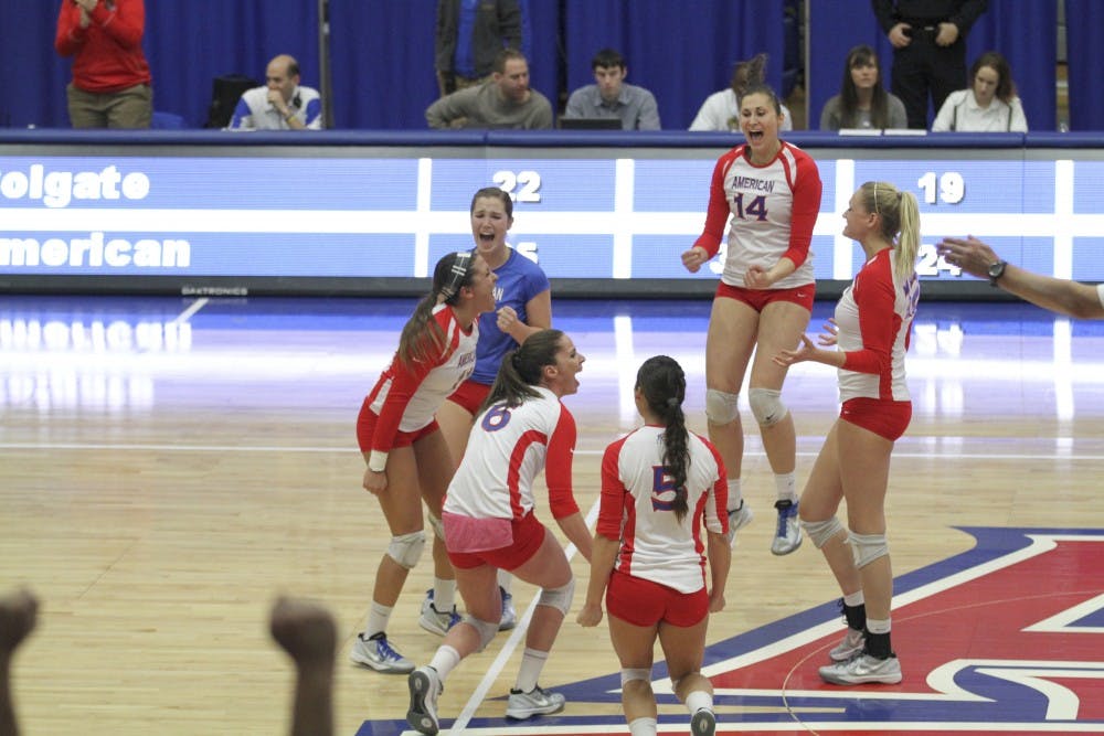 	AU volleyball players celebrate their win against Colgate University on Nov. 24 to win the Patriot League Championship.