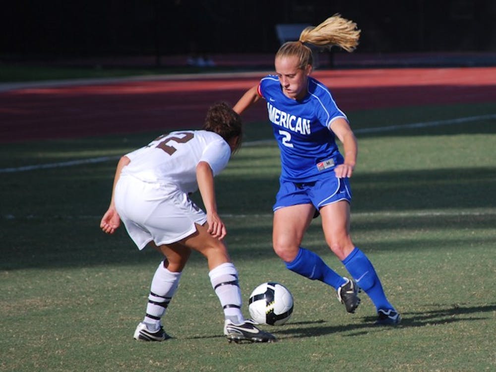 MAKING A MOVE â€” Senior Erin Koch makes a move to the outside in a game for AU this year. The team is 1-0 in the Patriot League this year with a 3-1 over the Bucknell Bison on Saturday. The team is 6-6 on the season.