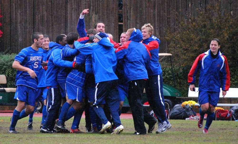 The AU menâ€™s soccer team celebrates its 1-0 victory over the Lehigh Mountain Hawks. The first-place Eagles are now one step closer to winning the PL regular season crown.