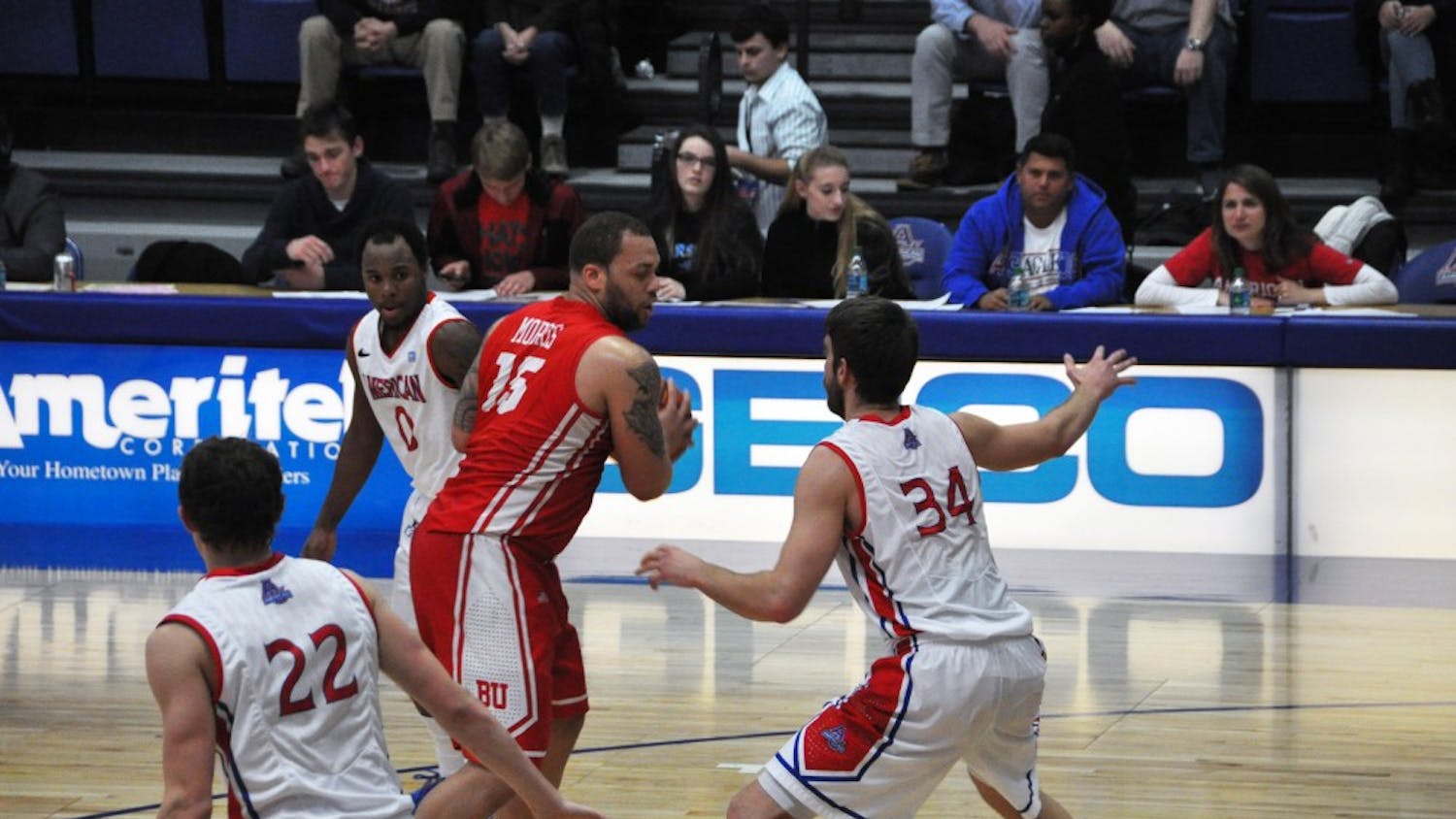 	John Schoof (22) and Tony Wroblicky (34) were part of an Eagle defense which held the Terriers to just 16-of-50 from the field