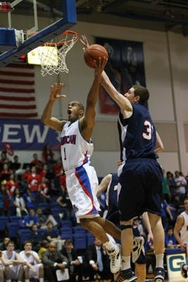 LAYING IT IN â€” Matthew Wilson drives the rim during AUâ€™s loss to Bucknell at home last week. The Eagles have fallen into a tie for second to last place with Colgate and Holy Cross. They are now 4-6 in league play this year.