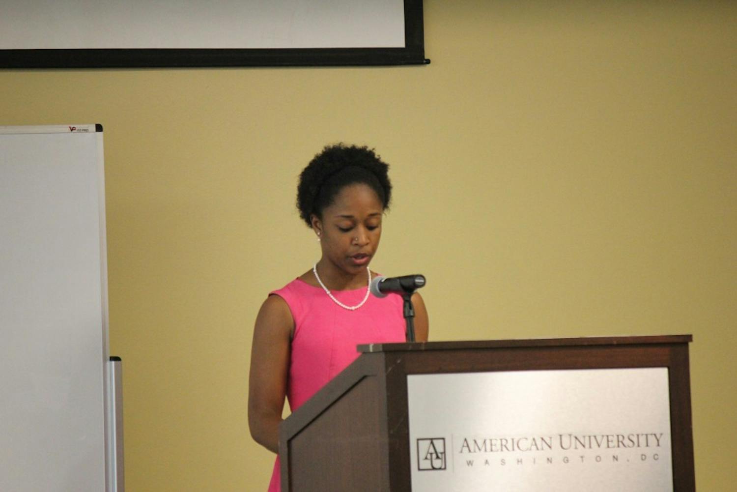 American University Student Government President Taylor Dumpson speaks at a town hall hosted by SG on Thursday, May 4 regarding Monday's racist hate crime.&nbsp;