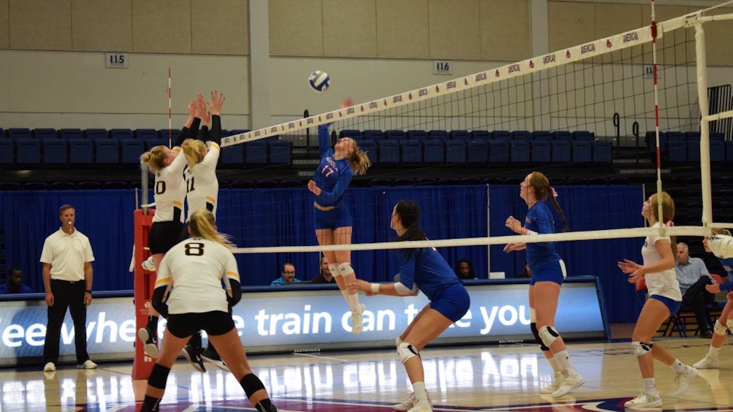Freshman outside hitter Helena Elbaek goes up for a kill in the Eagles' match against Iowa Sept. 16.