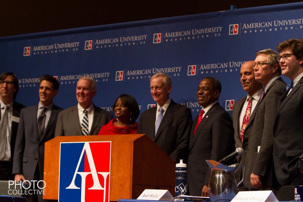 	D.C. mayoral candidates who participated in a debate at AU pose for a picture on Feb. 12.