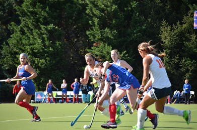 Senior Natalie Konerth leads the ball through the Bucknell offense in a game last fall.