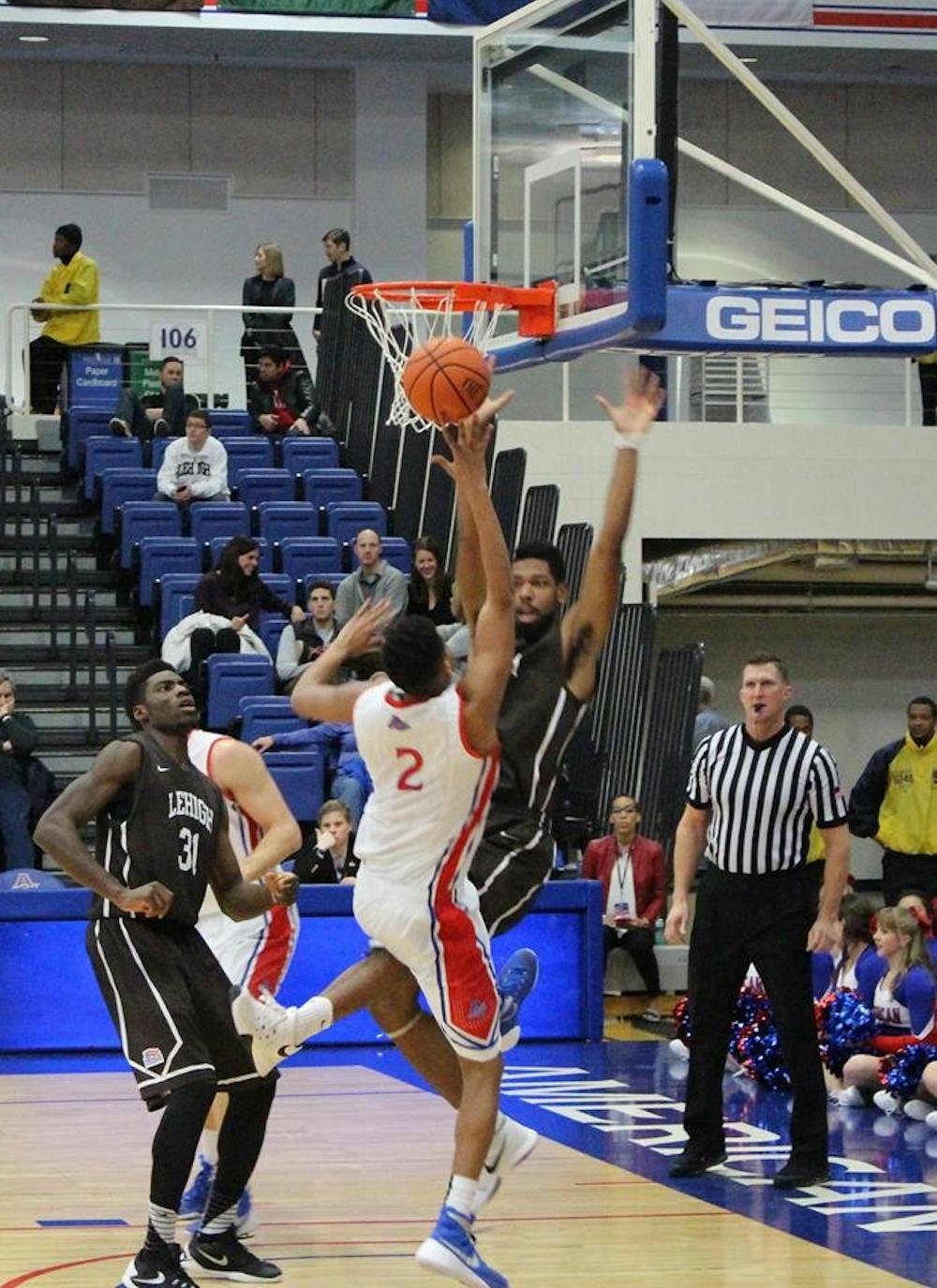 Sophomore guard Delante Jones goes up for a layup against Lehigh in home game last season on Jan. 9, 2016.