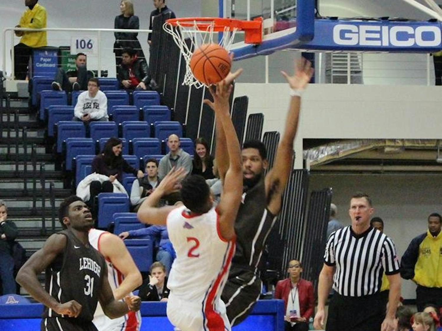 Sophomore guard Delante Jones goes up for a layup against Lehigh in home game last season on Jan. 9, 2016.