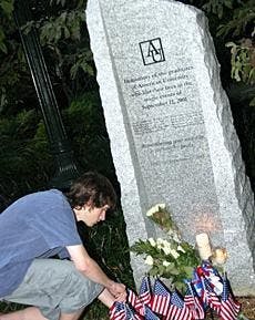 A student visits AU's Sept. 11 memorial on the fifth anniversary of the attacks.