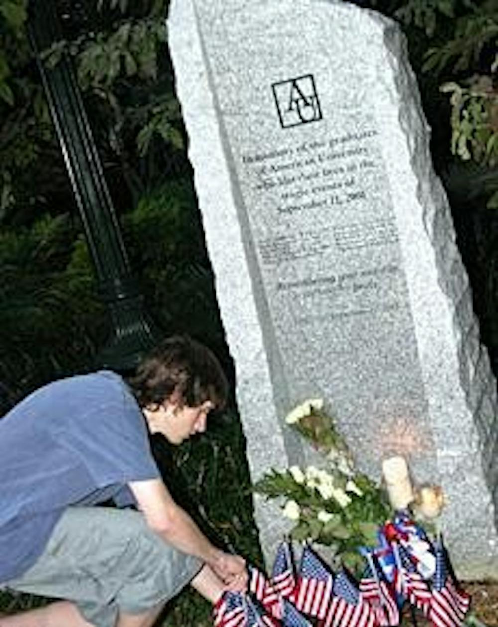 A student visits AU's Sept. 11 memorial on the fifth anniversary of the attacks.