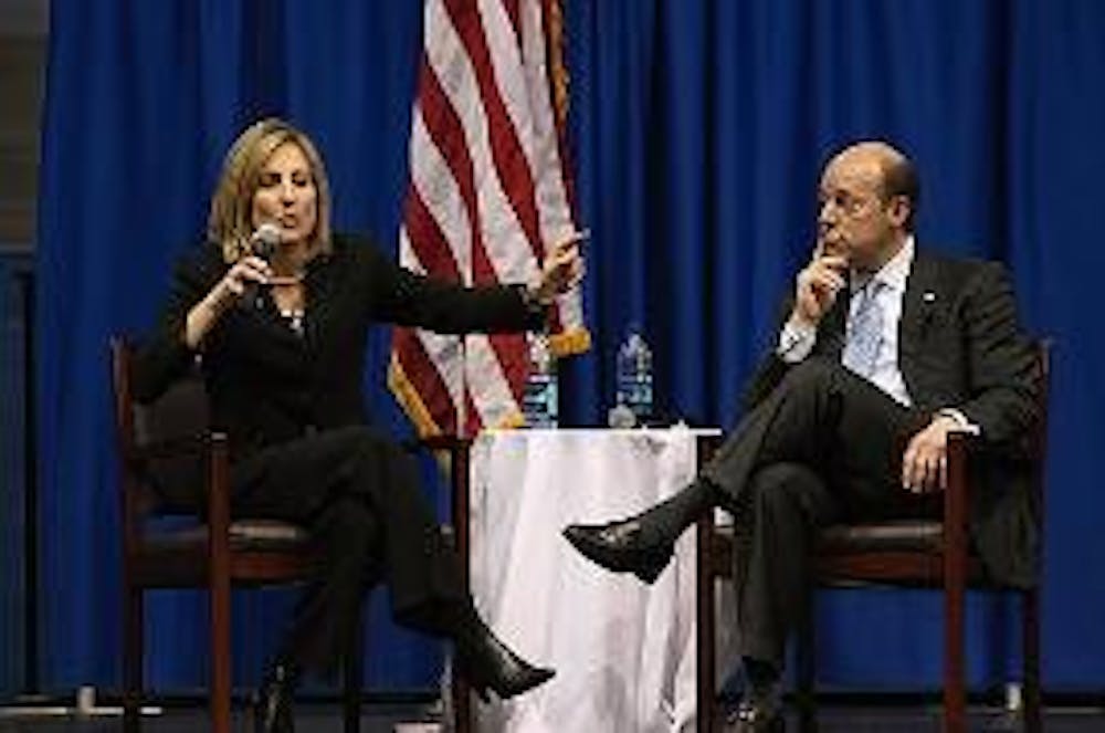 MEET THE PRESS SECRETARIES - Former White House press secretaries Dee Dee Myers and Ari Fleischer joined the Kennedy Political Union in Bender Thursday night to give advice to President Obama's Press Secretary Robert Gibbs. Myers worked under President Cl