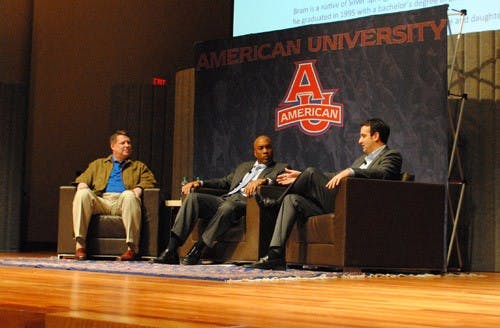 ESPN SportsCenter anchor and AU alumnus Bram Weinstein discusses his career path and the future of sports journalism at a Feb. 2 event hosted by AU Athletics in the Katzen Arts Center.