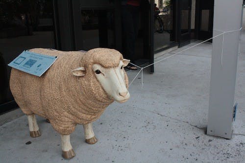 	The ceramic sheep sat outside Bender Library in fall 2012. 