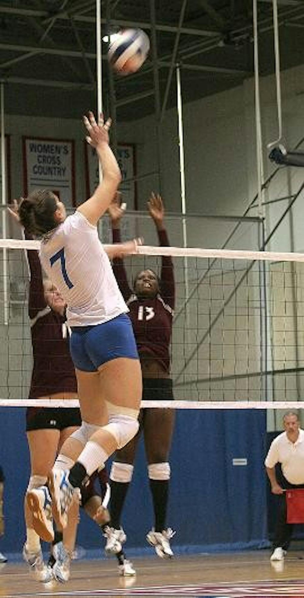 HIGH FLYER - Throughout her time at AU, Sukaj has been able to use her skills to help take down the opponent, as seen here in action earlier this year.  Sukaj has set the Patriot League career record in kills earlier this season. 