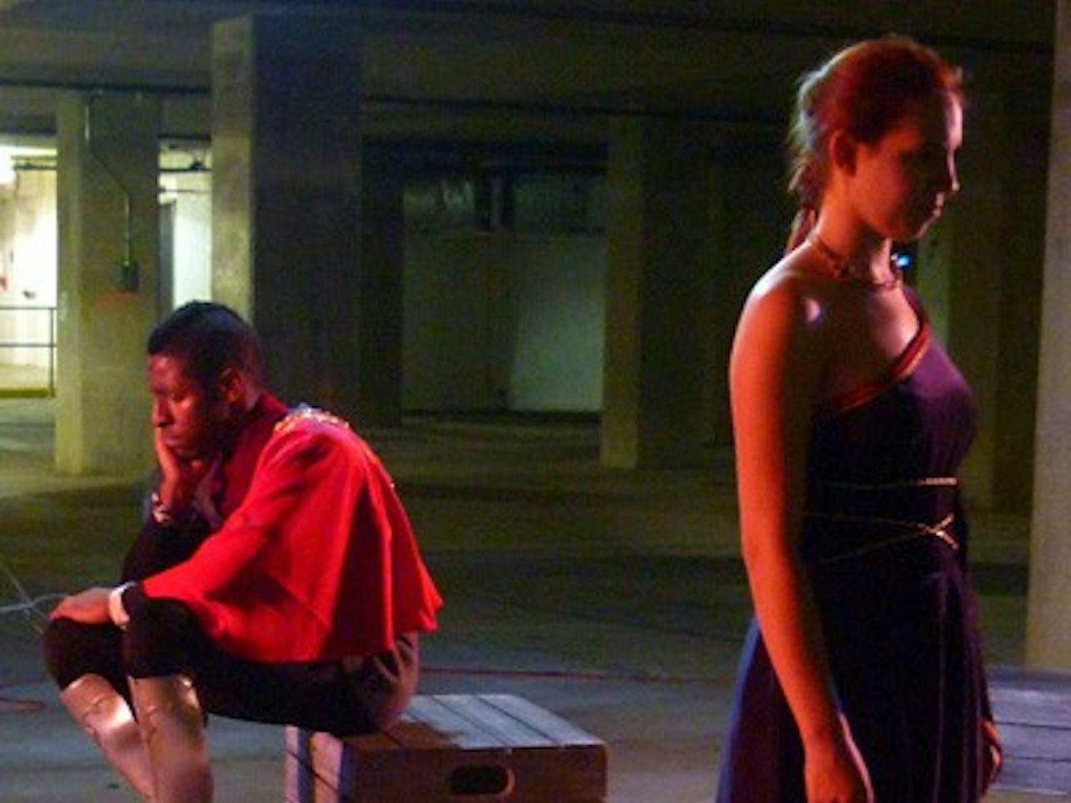 SOMETHING WICKED THIS WAY COMES — The AU Players performance of “Macbeth†conveyed the play’s dark atmosphere. Here, Macbeth (Ariel Duffy) and Lady Macbeth (Emily Goodell) during a scene in the Katzen Parking Garage.