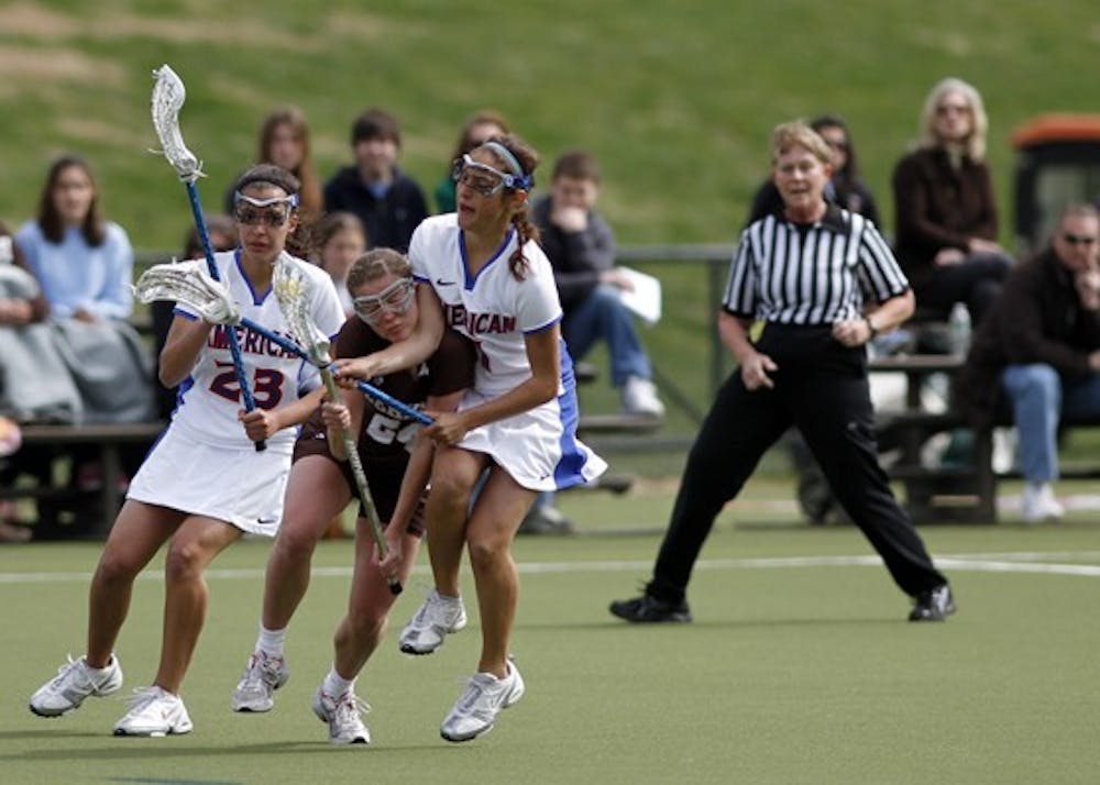 FIGHTIN\' EAGLES â€” Freshman Chiara Speziale fights for the ball in a game earlier this season. AU won its third game in a row, with a 19-12 victory over Lafayette College on Saturday at Jacobs Field. The win improves its overall record to 5-7 and 3-1 in Patriot League play.