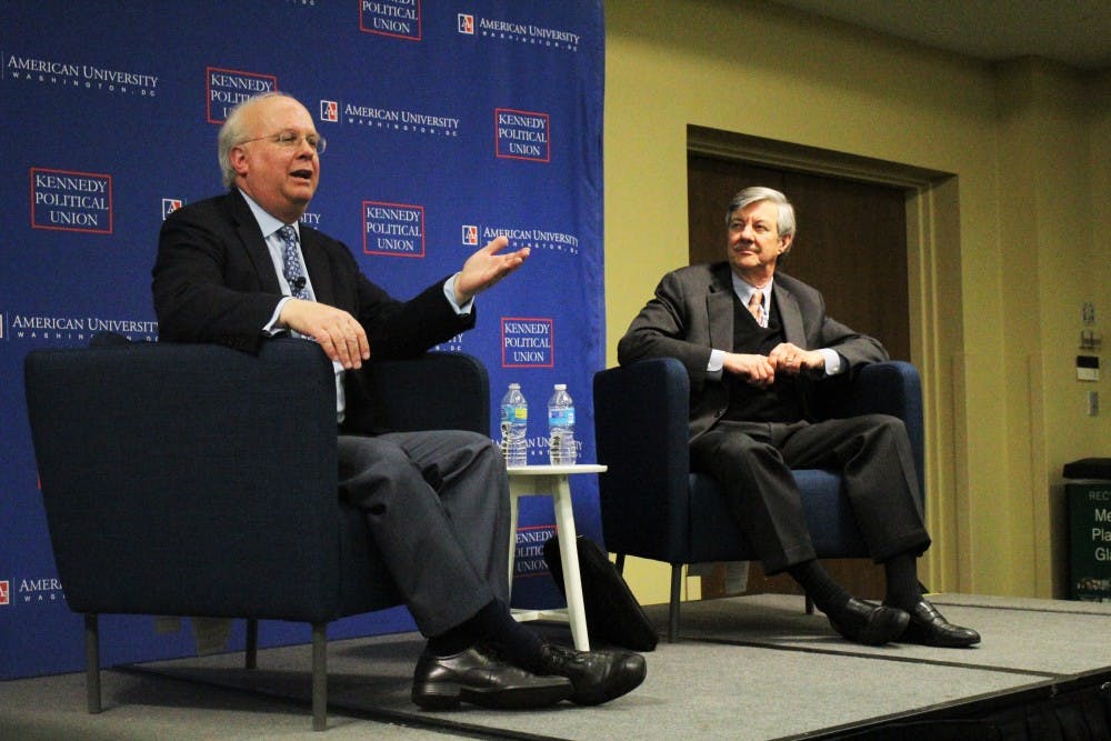 Former White House senior advisor Karl Rove addresses AU students with talk&nbsp;moderator and AU adjunct professor&nbsp;Ron Elving.