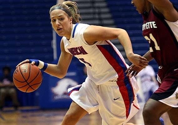 HIGH SCORING â€” Michelle Kirk drives the lane during AUâ€™s 53-31 win over Lafayette on Saturday. During the game Kirk scored her 1,000th career point, becoming the 12th player in AU history to accomplish the feat. With the win, AU improved to 7-0 in the Patriot League.