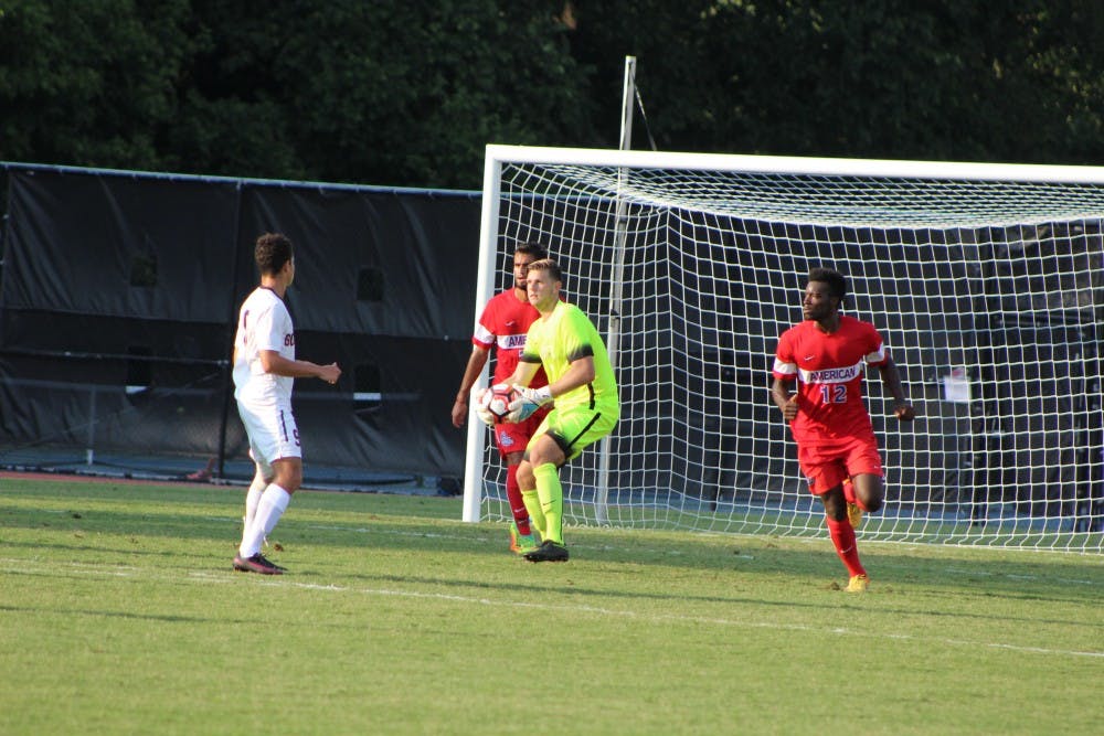 AU senior goalkeeper Lucas Belanger looks to distribute the ball in a match against Gonzaga September 9. Belanger recorded his first career shutout in the&nbsp;Eagles' 3-0 victory over Colgate