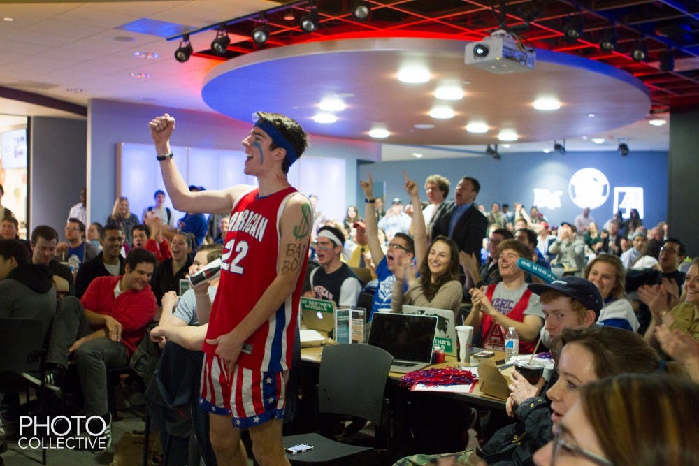 	AU students cheered the Eagles during a watch party held in the Tavern for the AU vs. Wisconsin game.