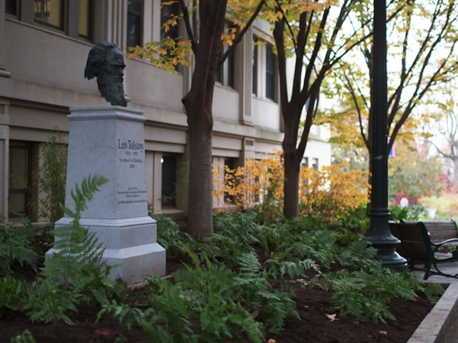A new bust of author Leo Tolstoy, sculpted by Gregory Pototsky, now sits between Batelle-Tompkins and Kogod.