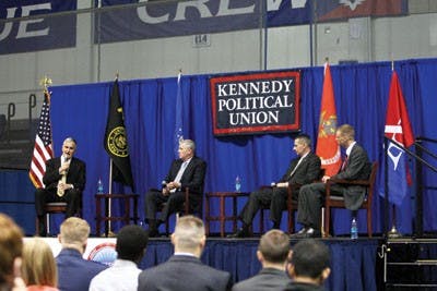 JOINTLY SPEAKING â€” Gen. Hugh Shelton speaks at a KPU event with, from left to right, Gens. Richard Myers and Peter Pace. KPU Director and Marine Reserve member Will Hubbard looks on from the right. The generals are all former chairmen of the Joint Chiefs of Staff. They spoke to students Monday about veterans and their post-war experiences. 