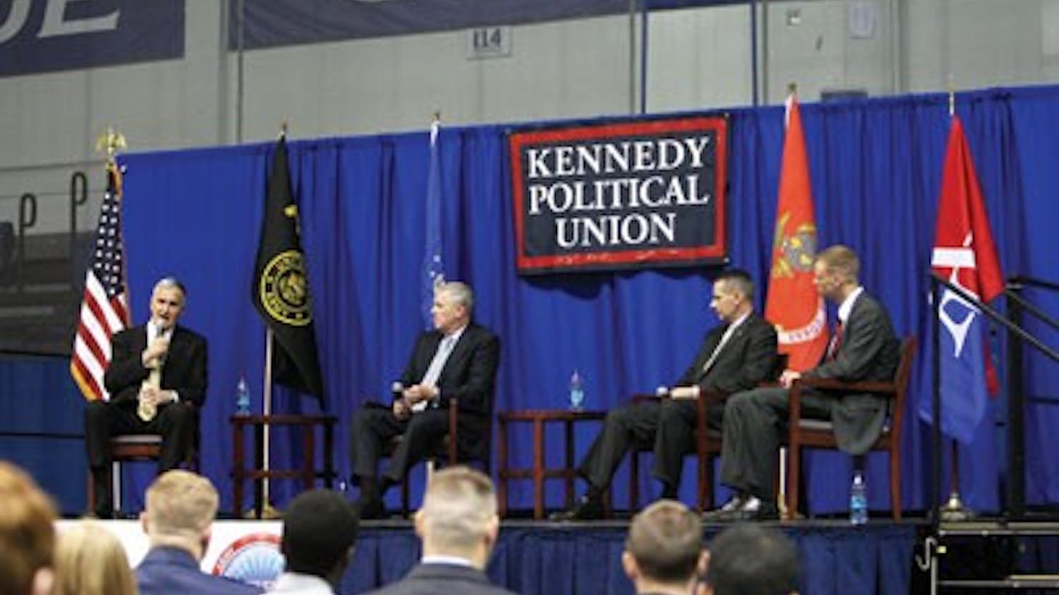 JOINTLY SPEAKING â€” Gen. Hugh Shelton speaks at a KPU event with, from left to right, Gens. Richard Myers and Peter Pace. KPU Director and Marine Reserve member Will Hubbard looks on from the right. The generals are all former chairmen of the Joint Chiefs of Staff. They spoke to students Monday about veterans and their post-war experiences. 