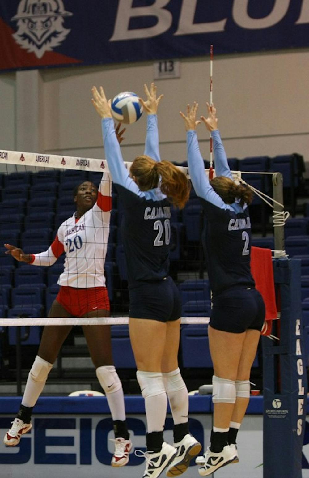REACHING HIGH â€” AU junior Angelina Waterman goes up for a kill in AUâ€™s 3-1 upset over the University of North Carolina on Sunday. The team is 5-7 after their victory over Loyola College in Maryland on Tuesday. 