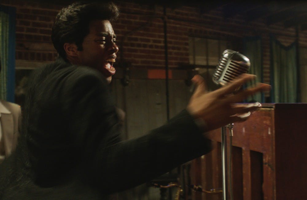 CHADWICK BOSEMAN as James Brown in ?Get on Up?.  Based on the incredible life story of the Godfather of Soul, the film will give a fearless look inside the music, moves and moods of Brown, taking audiences on the journey from his impoverished childhood to his evolution into one of the most influential figures of the 20th century.  