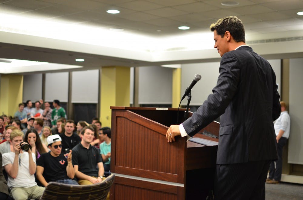 Yiannopoulos speaks to audience members during an appearance on April 21.&nbsp;