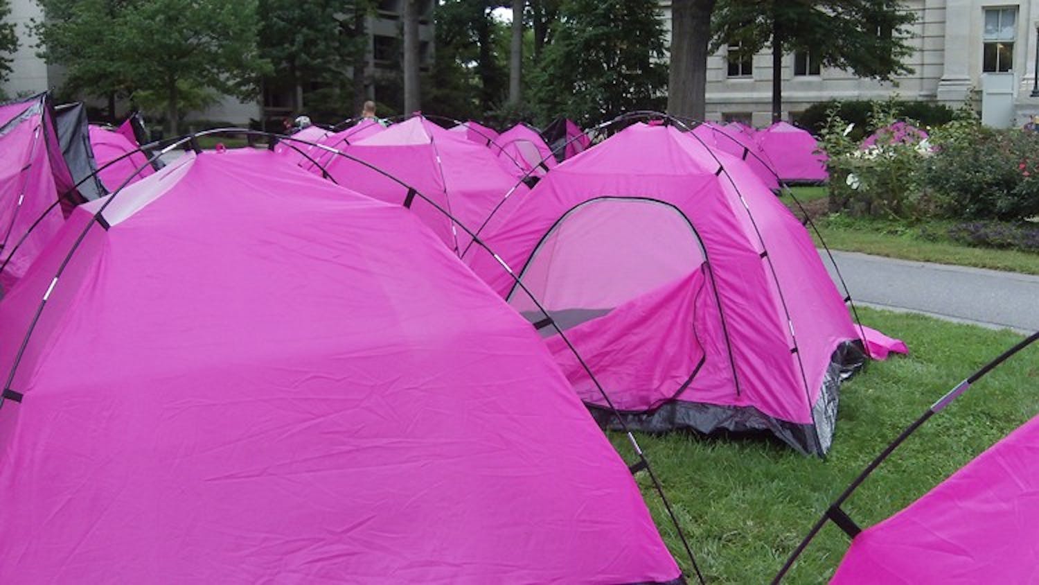 AU Cru set up 100 pink tents on the Quad to air them out before they were donated to Somali refugees in Djibouti.