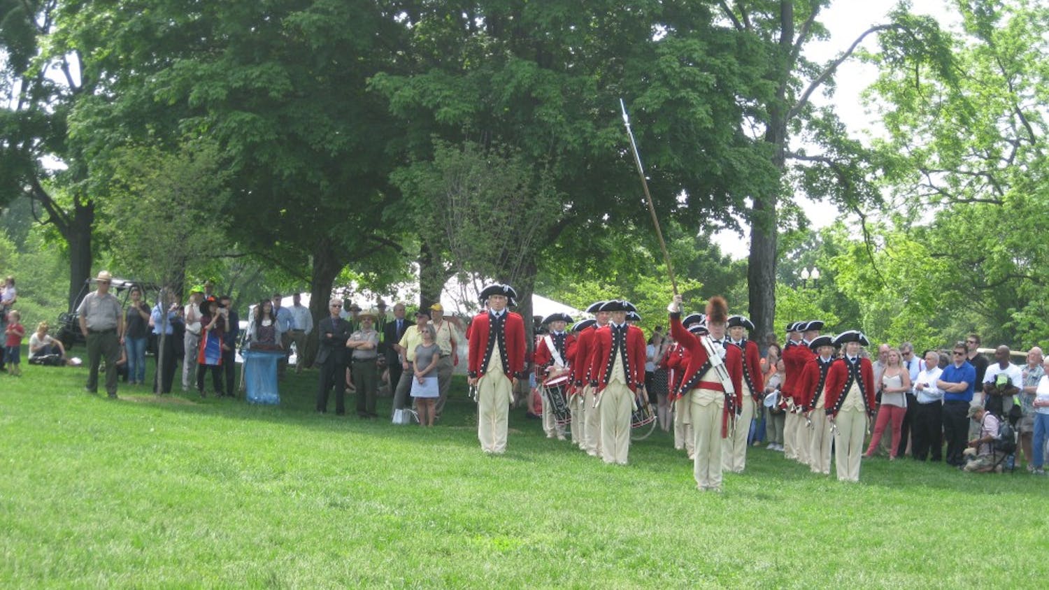 	The Alexandria Fife and Drum Corps performs during the opening of the Washington Monument ceremony.