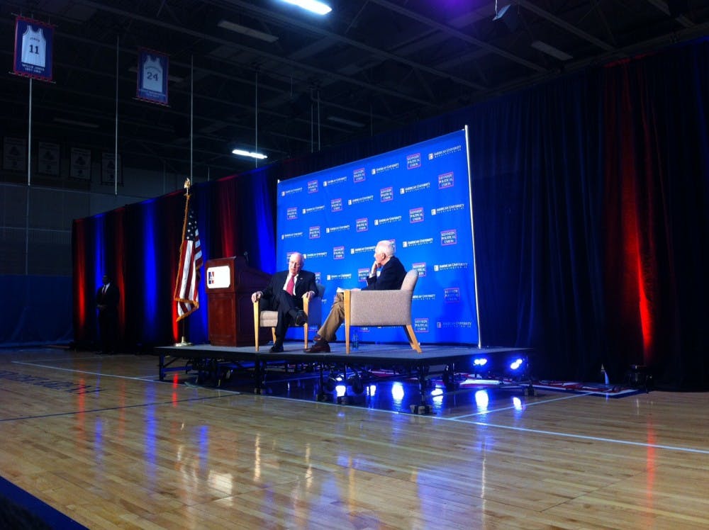 	Moderator Richard Benedetto questions KPU speaker Dick Cheney at Bender Arena on March 27.