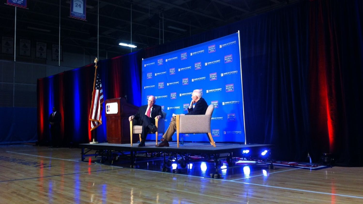 	Moderator Richard Benedetto questions KPU speaker Dick Cheney at Bender Arena on March 27.
