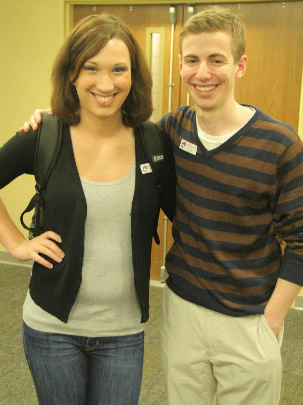 	Former Student Government President Sarah McBride (left) poses for a picture with current SG President Patrick Kelly (right).
