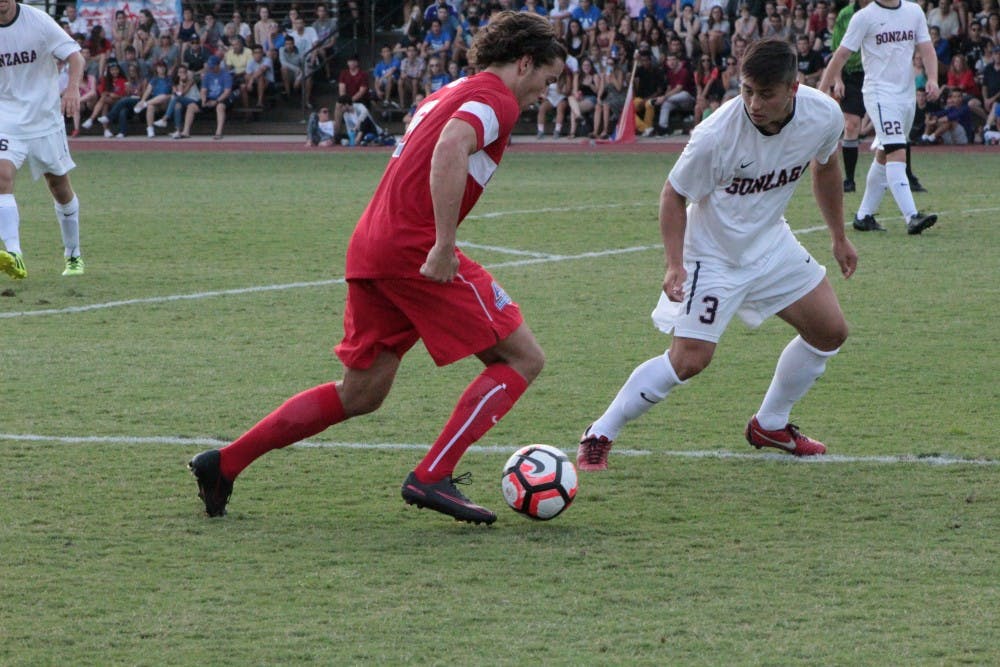 Senior defender Chris Fanet, pictured Sept. 9 against Gonzaga, scored the AU's lone goal in the team's loss in the Patriot League Championship to Colgate.
