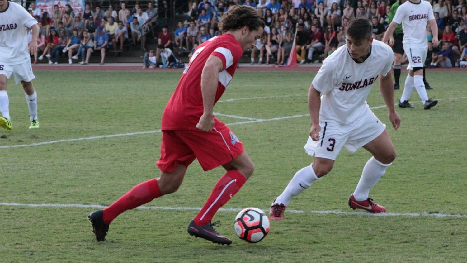 Senior defender Chris Fanet, pictured Sept. 9 against Gonzaga, scored the AU's lone goal in the team's loss in the Patriot League Championship to Colgate.