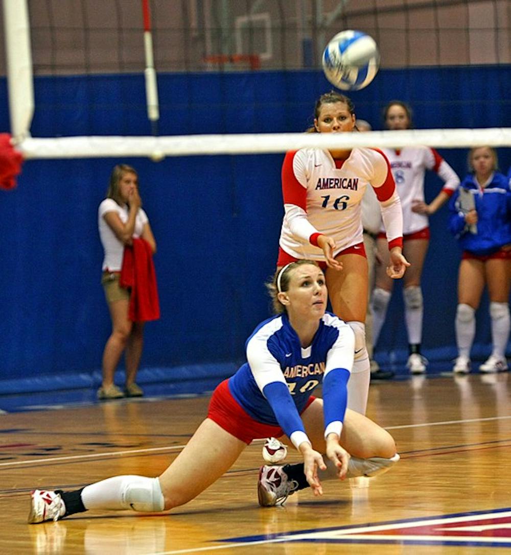 GETTING PHYSICAL â€” AU libero Rebecca Heath goes down for a bump in a game this year. The Eagles have been off for most of the year and have struggled to win the easy matches. With the loss, they fall to 8-9.