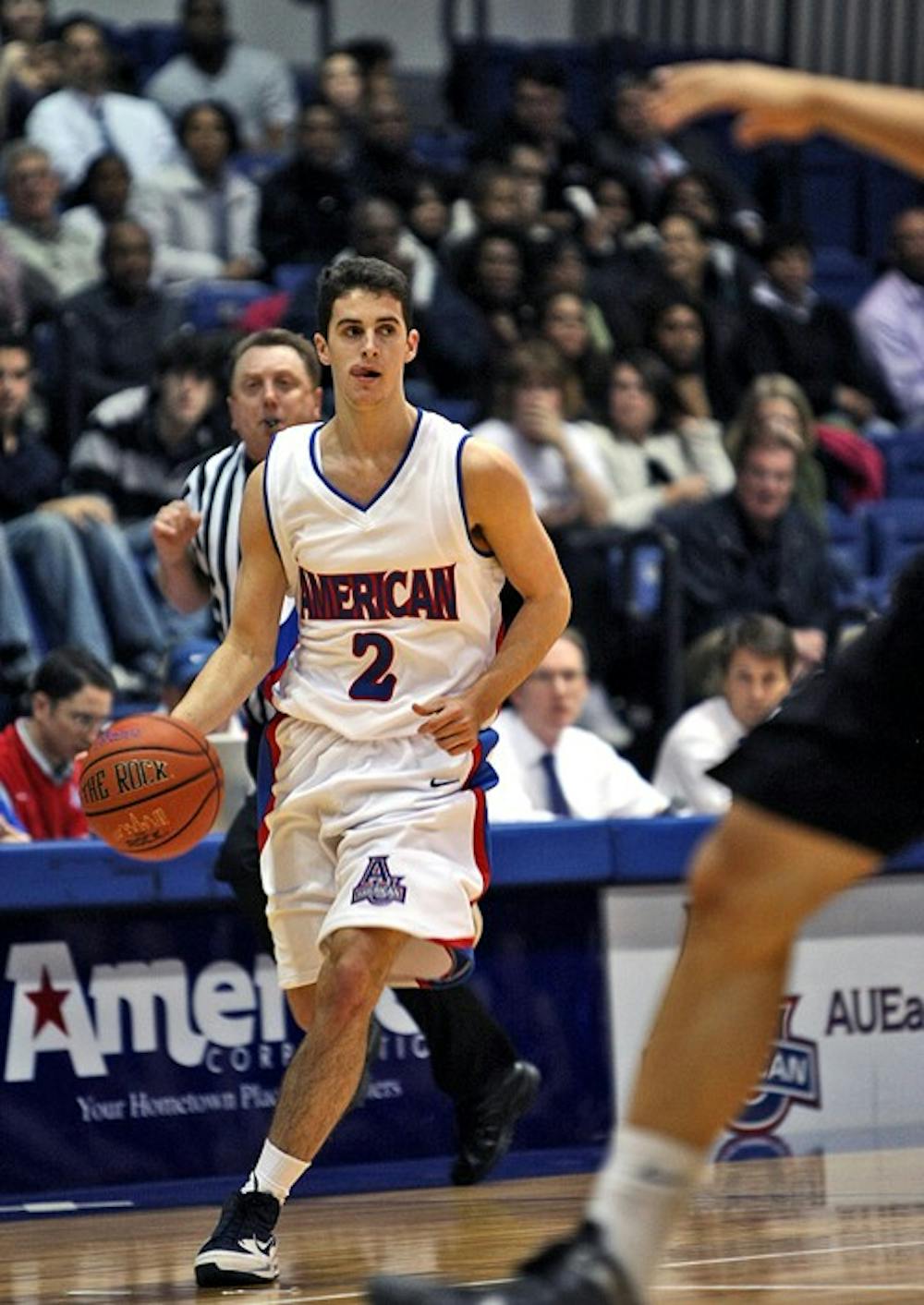LESS THAN STELLARâ€” Freshman Daniel Munoz takes the ball up the court in a game this year. AU blew an 11-point halftime lead and went on to lose 65-61. This yearâ€™s squad is much differnet than the one that won two straight PL Championships. AU lost its three star players to graduation.