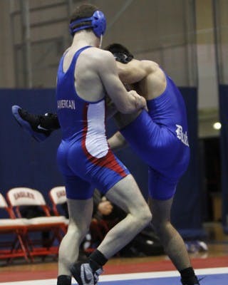 A LEG UP â€” An AU wrestler gets a leg up on a Drexel University wrestler during a meet on Tuesday. AU defeated Drexel 40-6. Seven Eagles won their duals. The teamâ€™s next meet is tonight where they will be taking on Binghamton University on the road in New York.