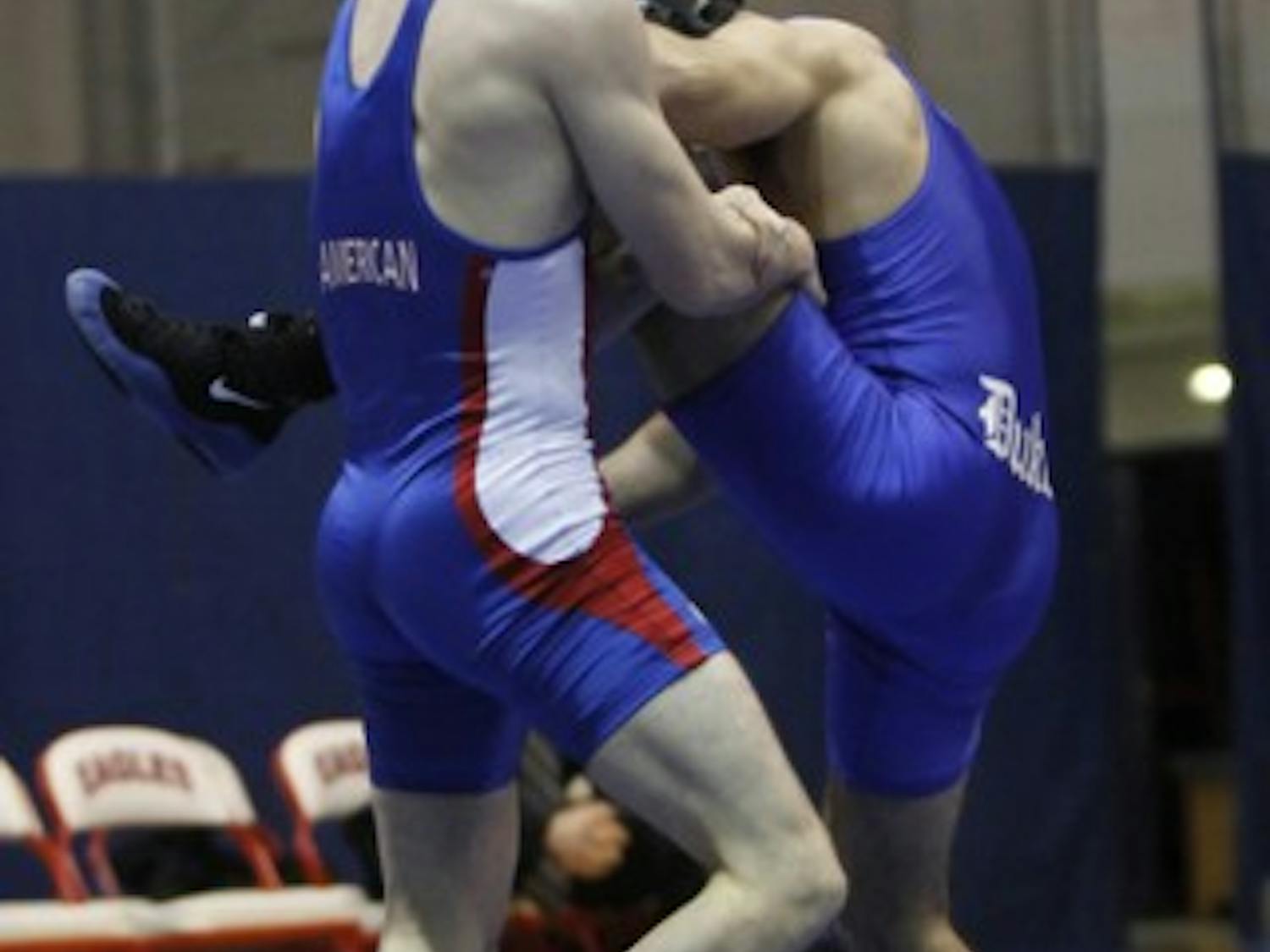 A LEG UP — An AU wrestler gets a leg up on a Drexel University wrestler during a meet on Tuesday. AU defeated Drexel 40-6. Seven Eagles won their duals. The team’s next meet is tonight where they will be taking on Binghamton University on the road in New York.