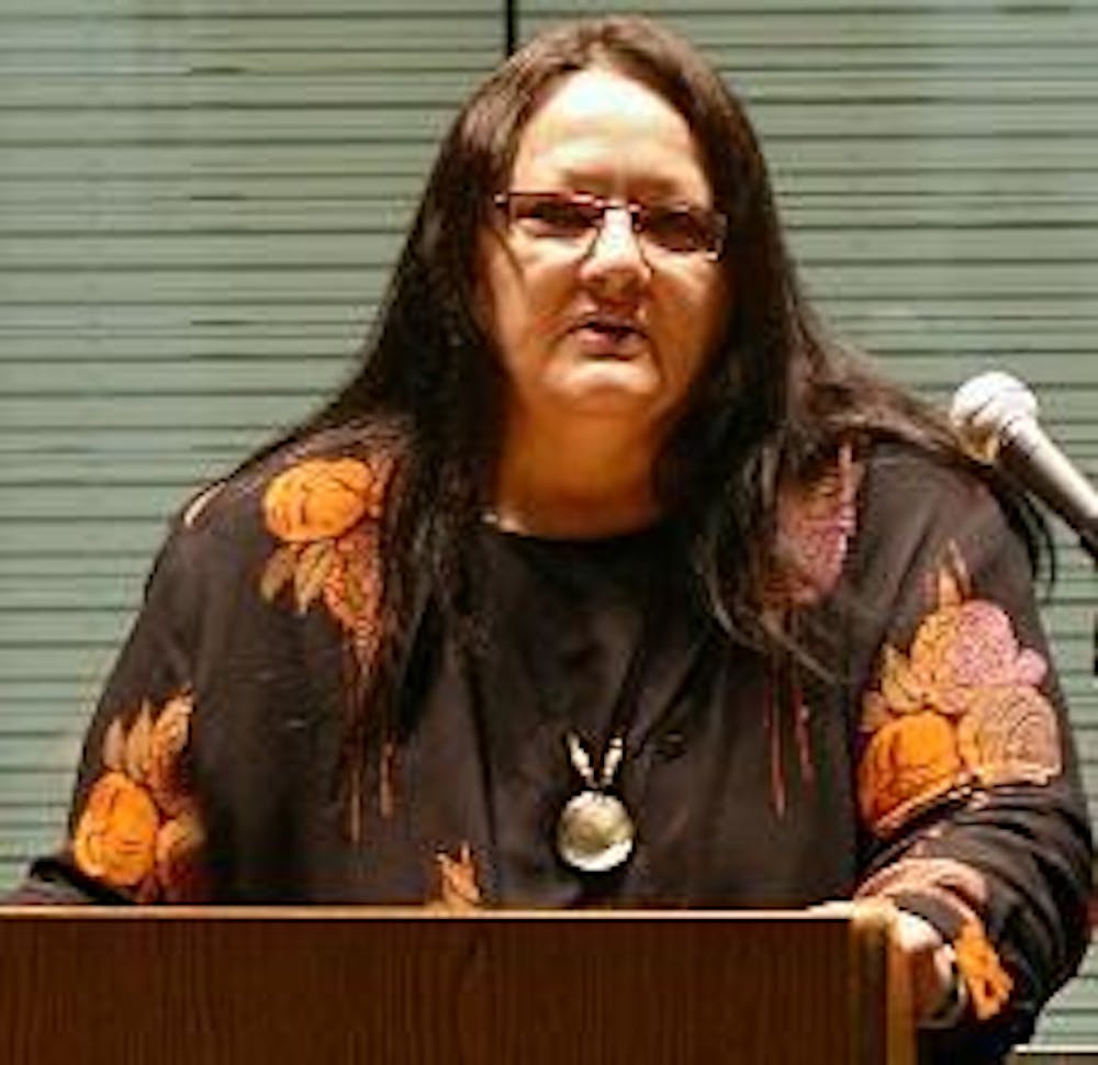 Suzan Shown Harjo spoke about the need to abolish references to Native Americans in sports team names and mascots.