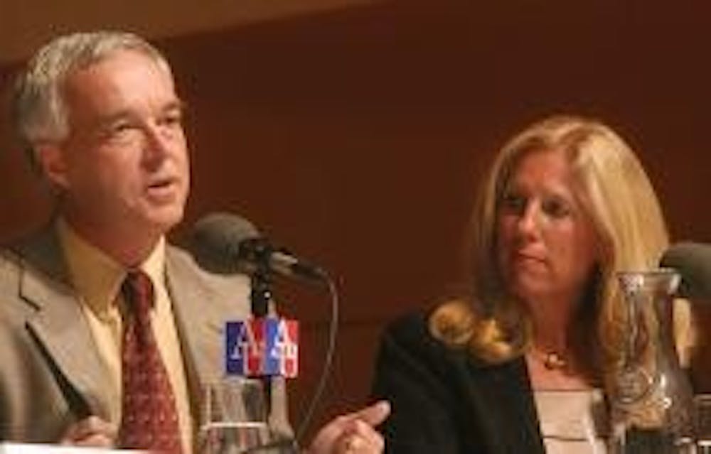 FREEDOM FORUM - Ken Paulson, editor and vice president of USA TODAY and USATODAY.com, and Suzanne Spaulding, principal of Bingham Consulting Group, speak at the American Forum on the importance of free press and checks and balances after the events of Sep